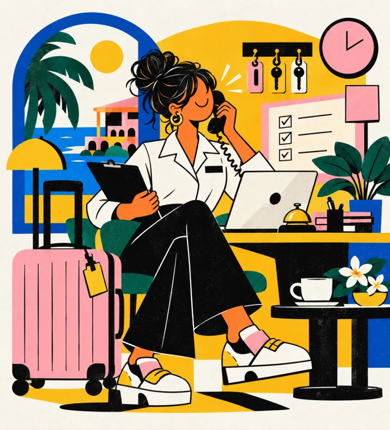 Illustration of a hospitality professional assisting a client by phone