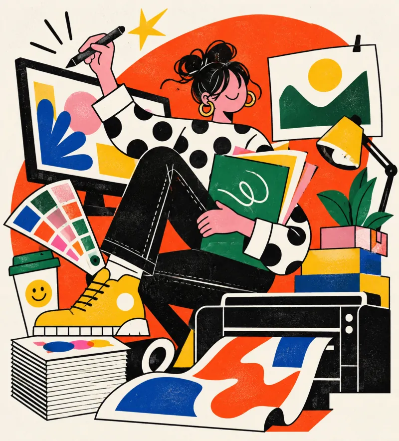 Illustration of a designer surrounded by artwork and design tools